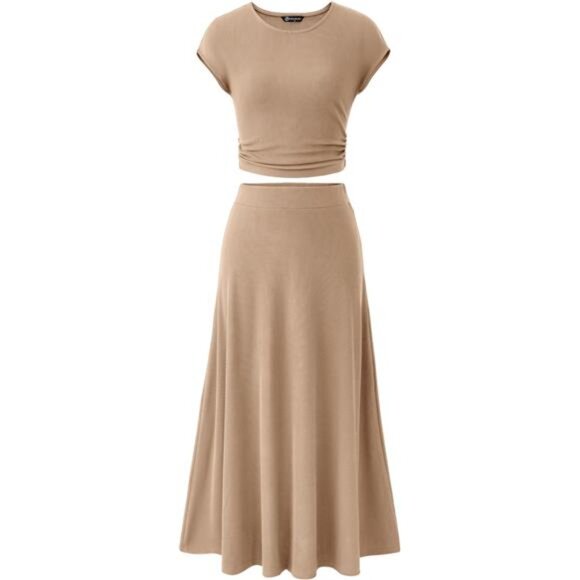 Women's 2-Piece Summer Set - Knit‎ Crop Top & High-Waist Midi Skirt Outfit - Picture 1 of 7